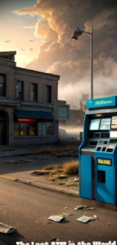 Abandoned street with lone ATM under dramatic sky.