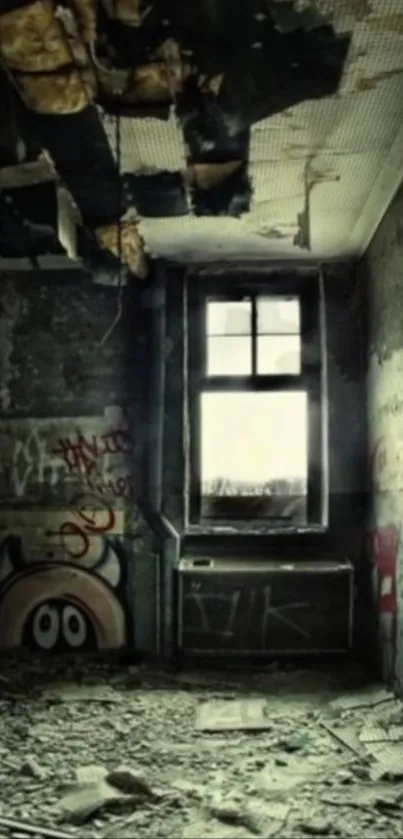 Abandoned room with graffiti and broken window in urban decay setting.