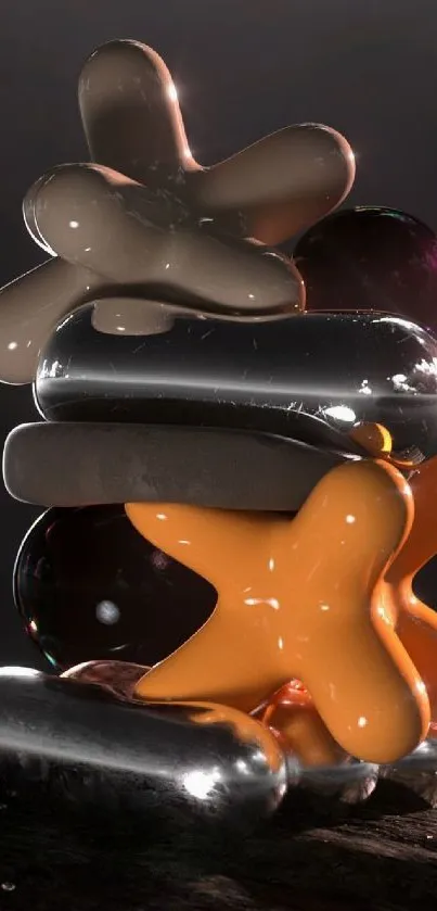 Abstract 3D art with glossy shapes in gray and orange hues.