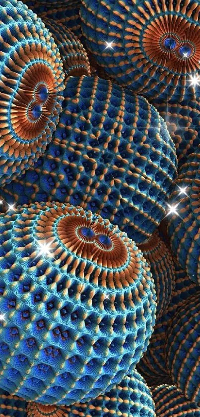 Abstract 3D blue spheres with intricate design patterns.