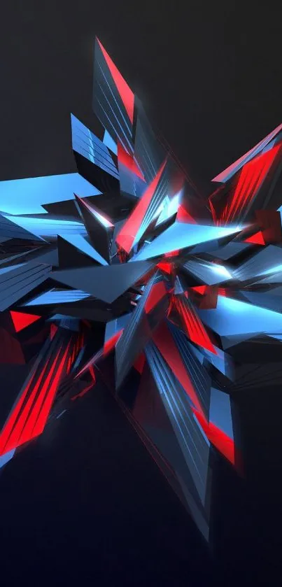 Abstract 3D geometric art with red and blue hues on dark background.