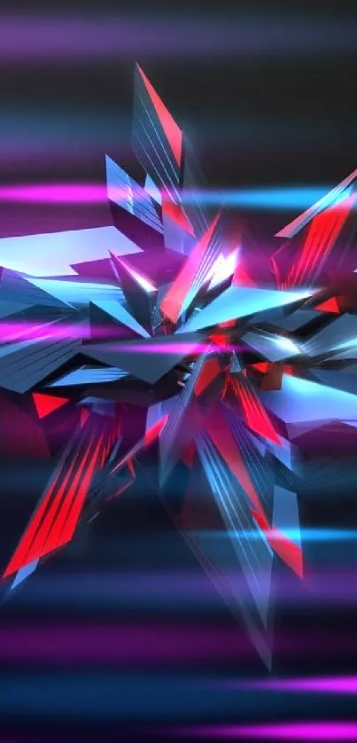 3D geometric abstract design in blue and red on a black background.