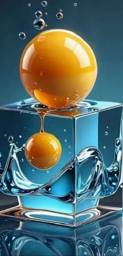 Abstract 3D liquid art with orange spheres in a glass cube.