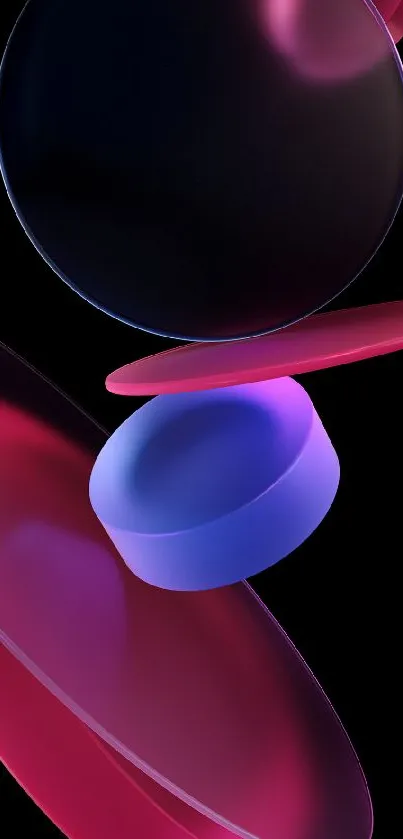 3D abstract shapes in pink and purple on black background.