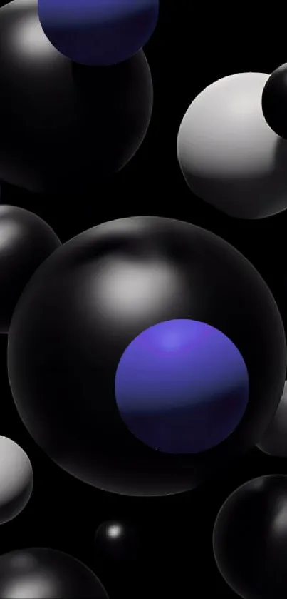 3D abstract spheres in black, blue, and gray tones on a wallpaper.