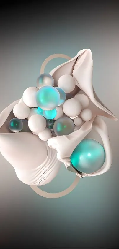 Abstract 3D spheres with teal and white design.