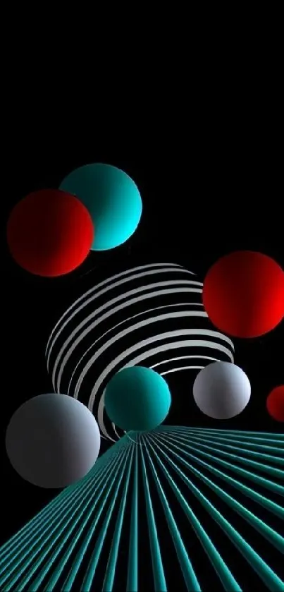 Abstract 3D spheres in red, turquoise, and white on black background.