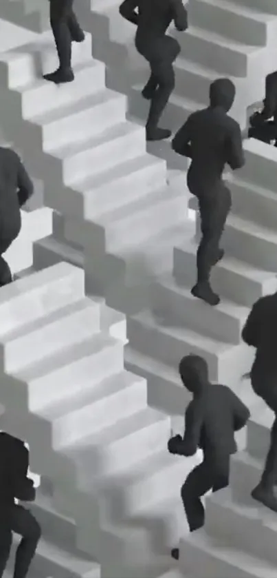 3D abstract wallpaper with figures on stairs in monochrome.