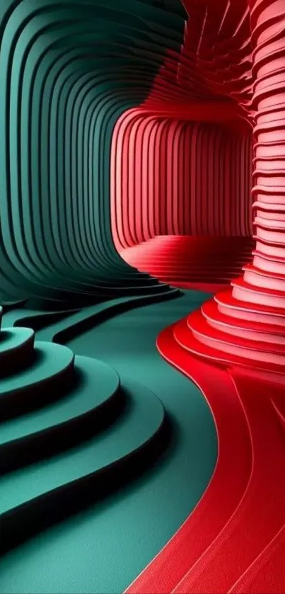 Abstract 3D waves in turquoise and red create a captivating wallpaper design.