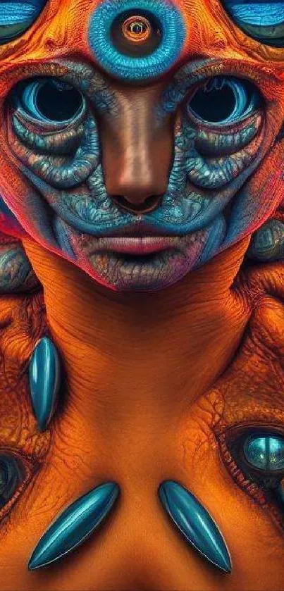 Abstract alien artwork in vibrant orange and blue colors.