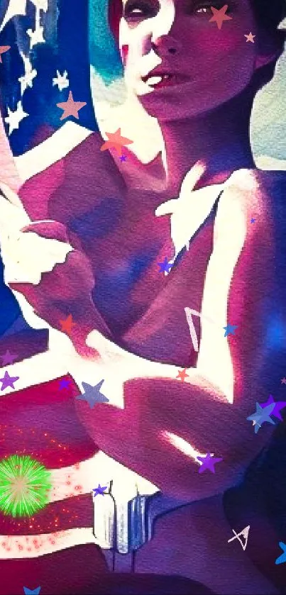 Abstract art of person with American flag in purple tones.