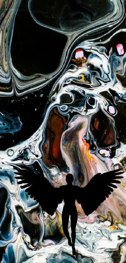 Silhouetted angel amidst abstract swirls.