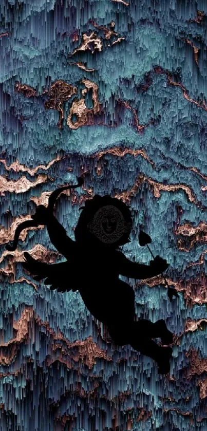 Silhouette of an angel against an abstract teal and bronze texture.