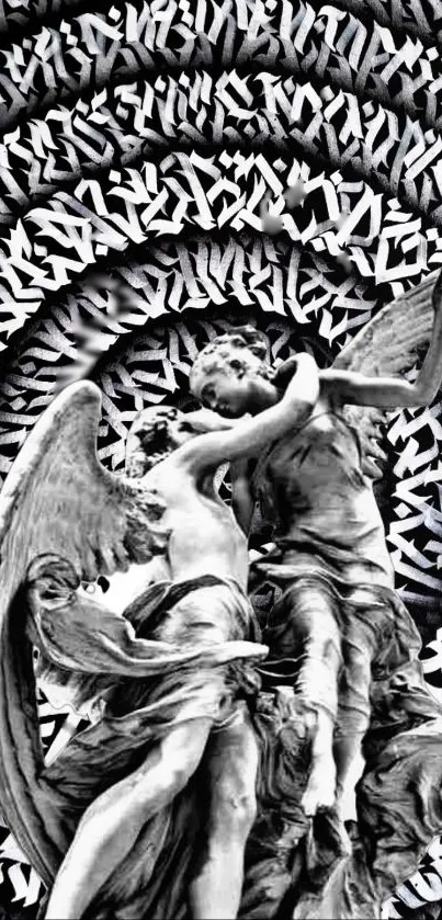 Abstract monochrome wallpaper with angelic sculpture and text vortex.