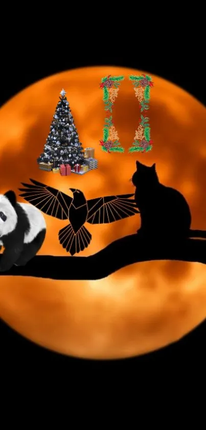 Panda, cat, and bird silhouette with orange moon background.