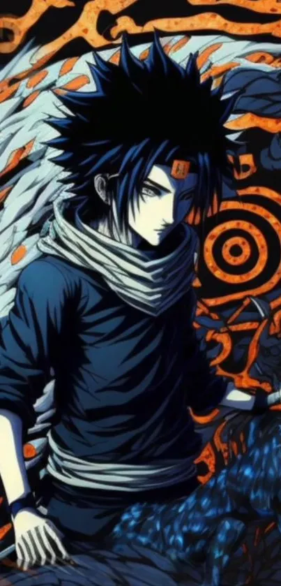 Anime character with abstract dark blue background and vibrant patterns.