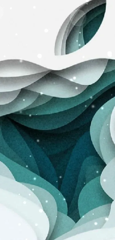 Abstract Apple-themed wallpaper with teal waves and layered design.