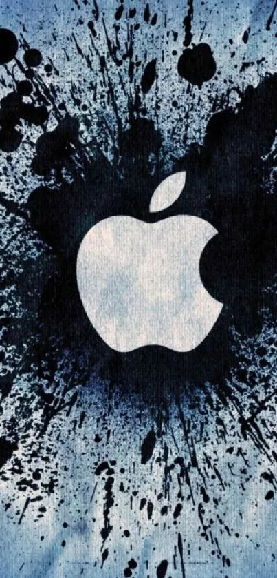 Abstract black Apple logo on blue splatter background.