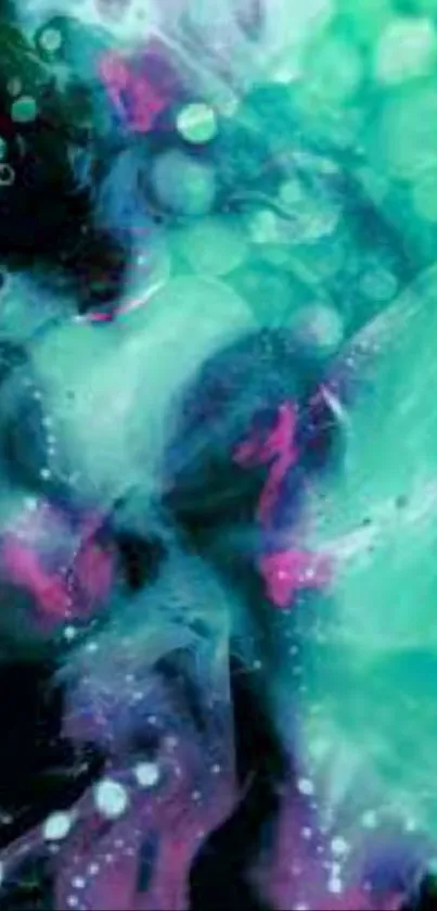 Abstract aqua smoke art with vibrant green and purple hues.