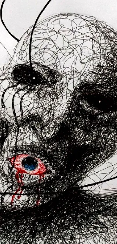 Abstract face drawing with black lines and a red eye.