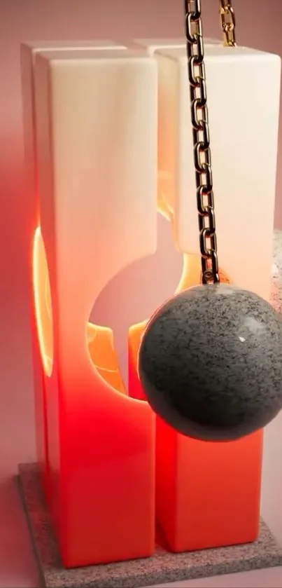 Abstract art-inspired lamp with chains and spheres in warm tones.