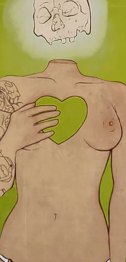 Tattooed art with nude figure holding a heart shape and skull imagery on green background.