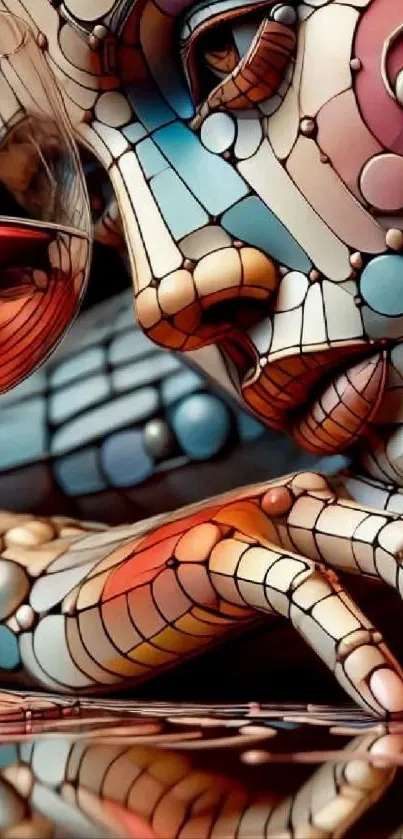 Vibrant stained glass abstract art with intricate patterns and a wine glass.