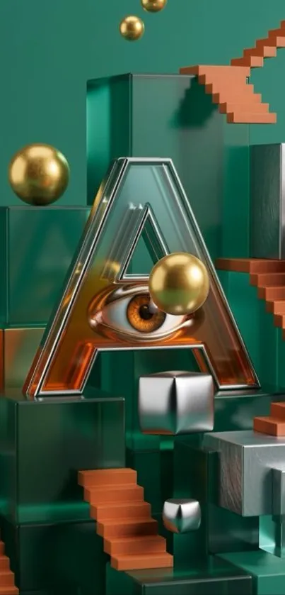 Abstract 3D art with geometric shapes and letter 'A'.