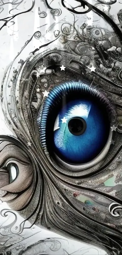 Abstract design featuring a blue eye with intricate details and surreal patterns.