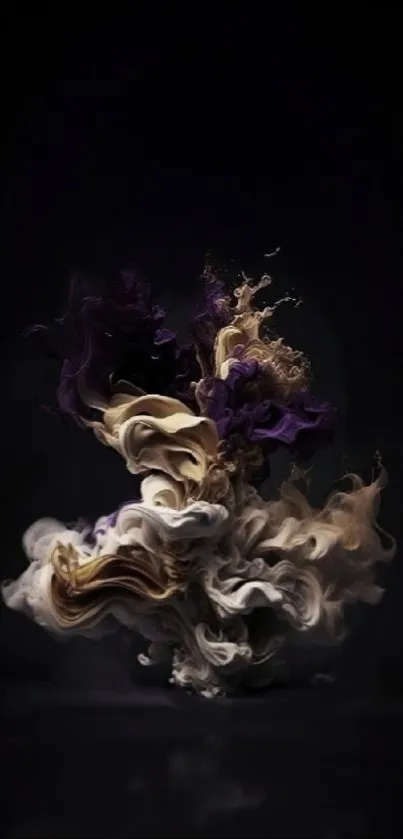 Abstract art with purple and white swirls on a black background.