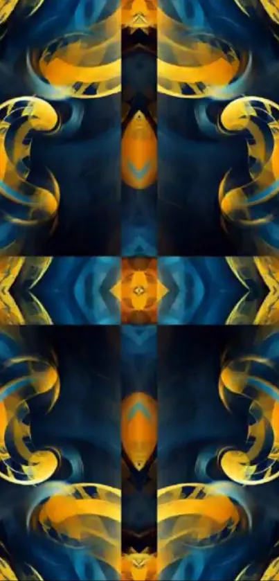 Vibrant abstract wallpaper with blue and yellow swirling patterns.