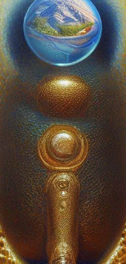 Abstract golden texture with a blue reflective sphere.