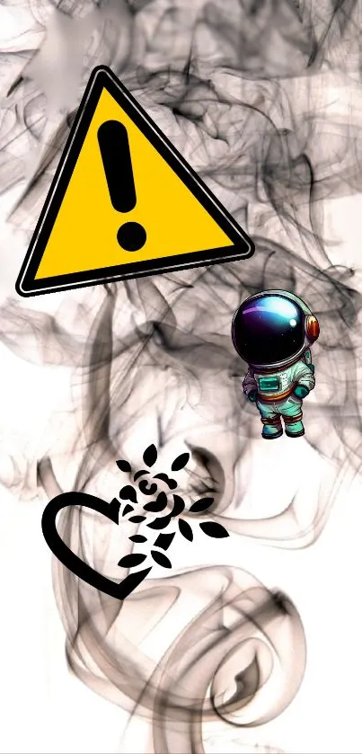 Abstract astronaut and warning sign with smoke background.