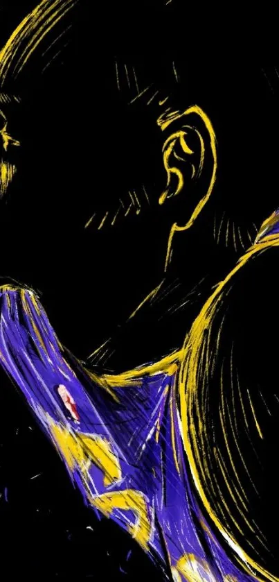 Abstract silhouette of an athlete in black, yellow, and purple.