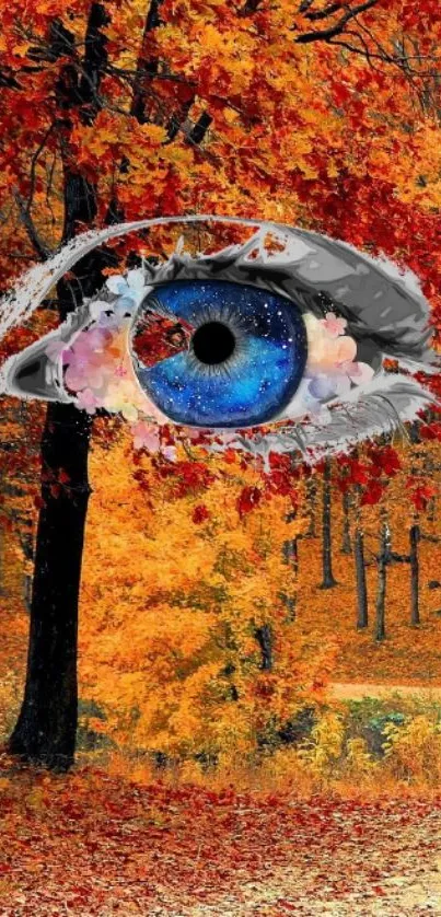 Autumn scene with an eye art in the center, surrounded by vivid fall colors.