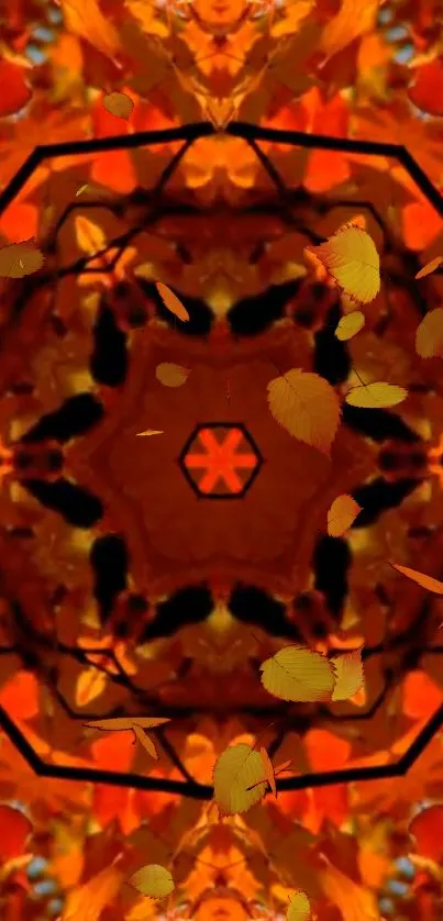 Abstract kaleidoscope design with autumn leaves in vibrant orange hues.