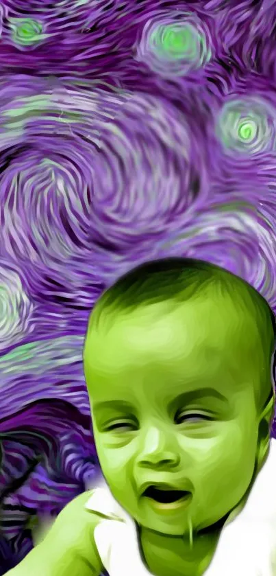 Abstract green baby art with purple swirls, vibrant and creative design.