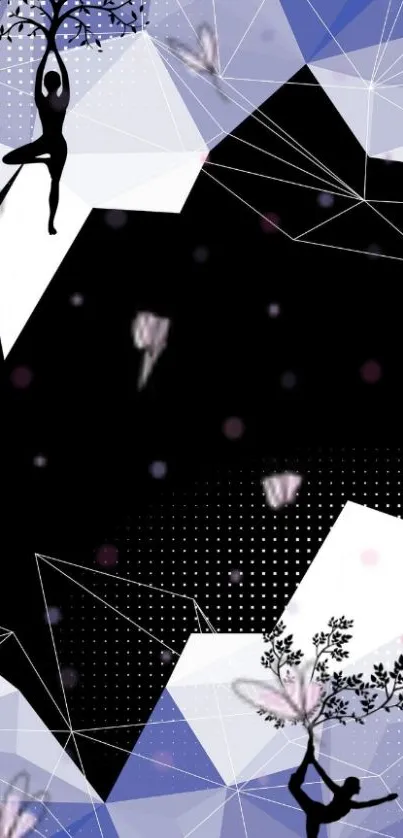 Abstract ballerina wallpaper with geometric and nature elements.