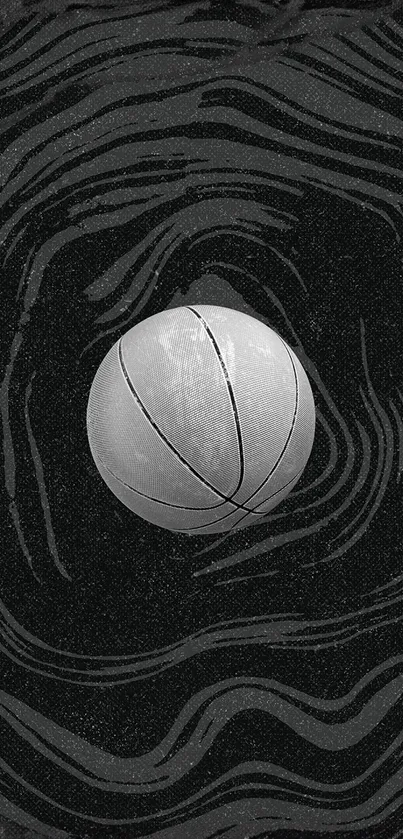 Monochrome basketball floating in abstract patterns.