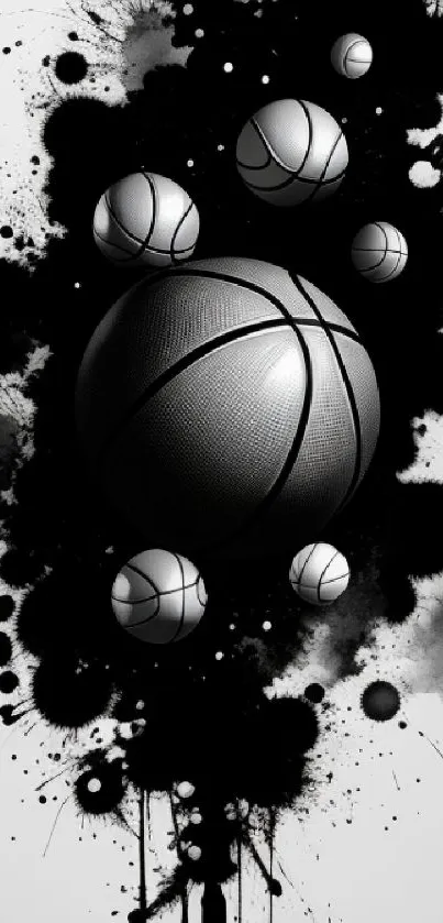 Abstract black and white basketball art wallpaper with splash effect.