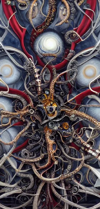 Abstract biomechanical art with intricate patterns.