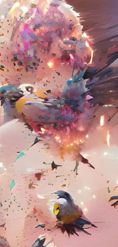 A surreal abstract wallpaper with vibrant birds and pink tones.