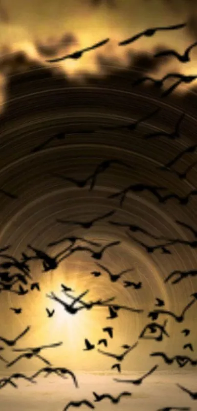 Abstract wallpaper with birds and swirl in golden light.