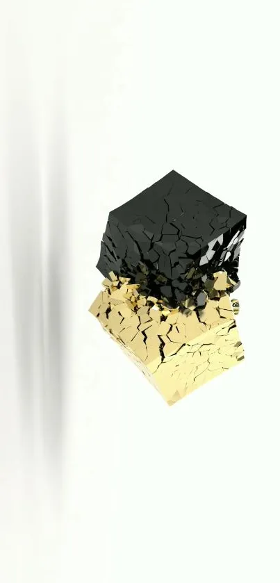 Abstract cracked black and gold cubes on white background wallpaper.