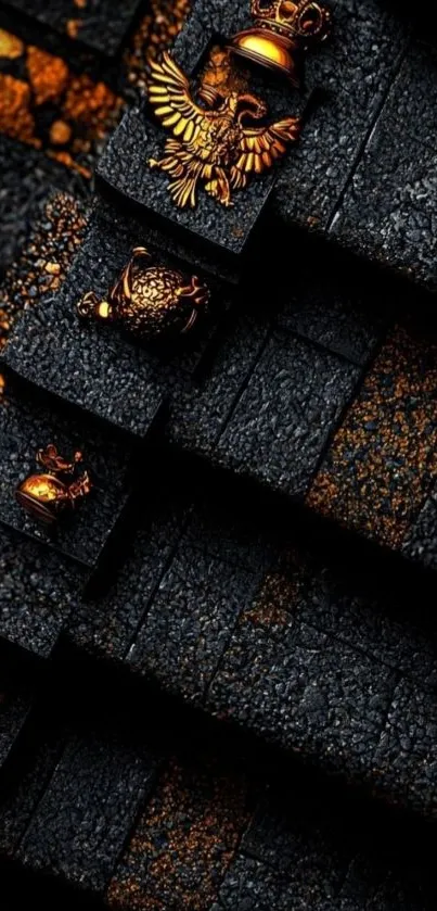 Embossed black and gold design with intricate patterns.