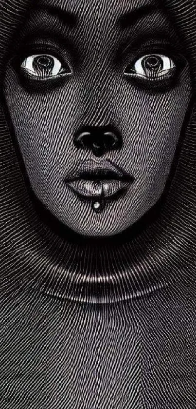 Black and white abstract face art with intricate line design on mobile wallpaper.