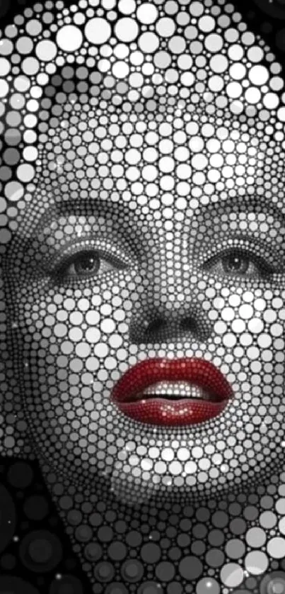 Black and white abstract art with red lips in dotted pattern.