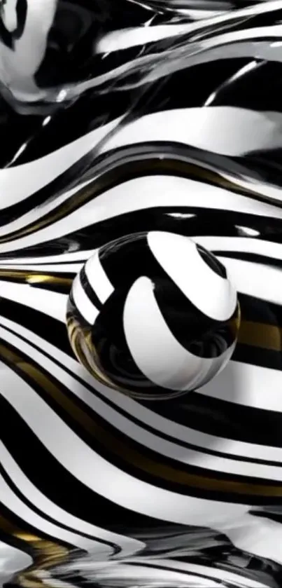 Abstract black and white striped wallpaper with swirling patterns.