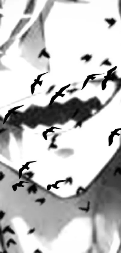 Abstract black and white wallpaper with bird silhouettes.