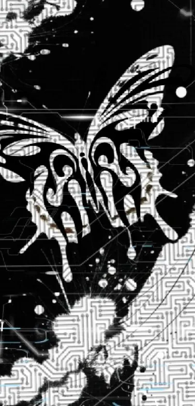 Abstract black and white butterfly with maze patterns on wallpaper.